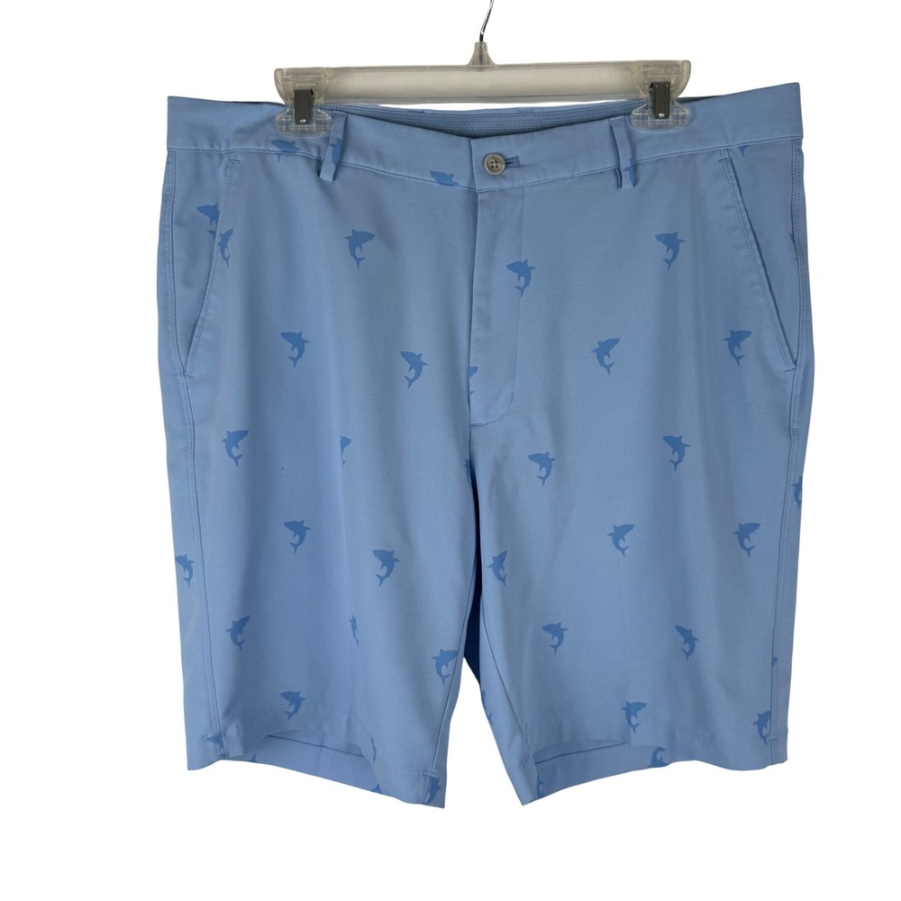 Greg Norman Shark Print Golf‎ Shorts Light Blue Mens 36 Performance Stretch 9"